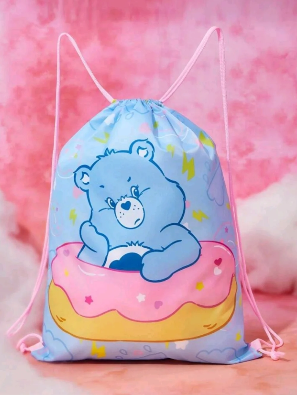 Care Bears Blue Drawstring Satchel with Pink Donut Graphic